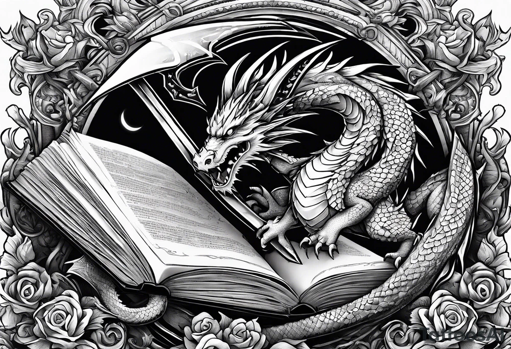 an open book with a sword through it, dragons and sparks surrounding the book tattoo idea