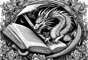 an open book with a sword through it, dragons and sparks surrounding the book tattoo idea