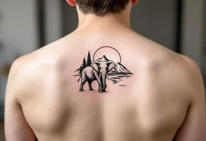 An elephant with mountains and the sunset in the background tattoo idea