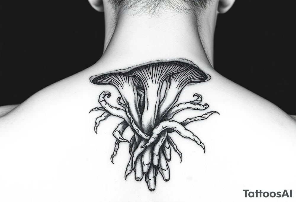 teschio con radici di funghi tattoo idea