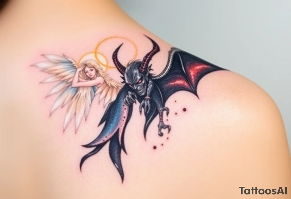 A radiant angel, with soft white wings and a glowing halo, surrounded by light, juxtaposed against a dark demon, with jagged black wings and fiery red eyes, symbolizing the ultimate conflict between good and evil. tattoo idea