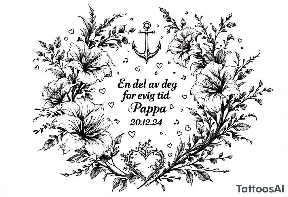 «En del av deg for evig tid
Pappa 20.12.24» Surrounded by long gladiolus, hearts, notes and an anchor tattoo idea