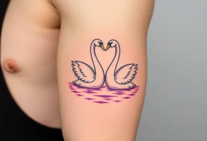 Two swans in graceful white with golden beaks, forming a heart with their necks, floating on a shimmering lavender-hued lake tattoo idea