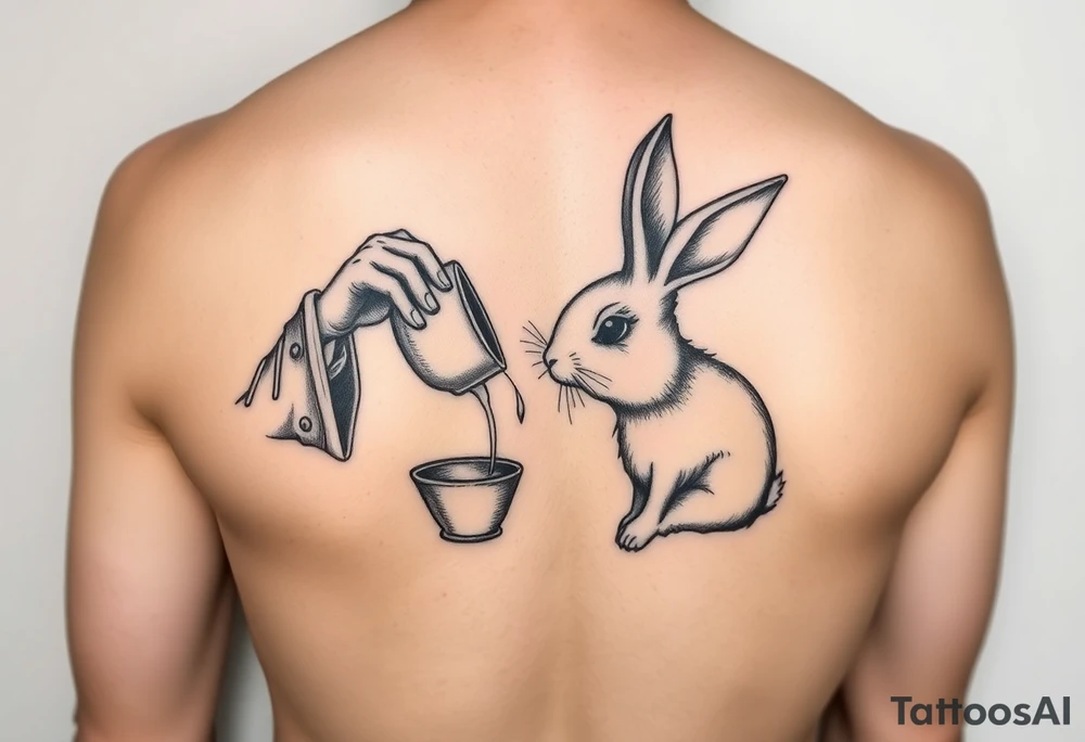 The mad hatter pouring a cup if tea into the white rabbits head tattoo idea