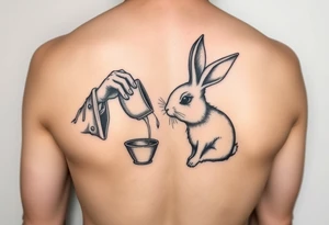 The mad hatter pouring a cup if tea into the white rabbits head tattoo idea