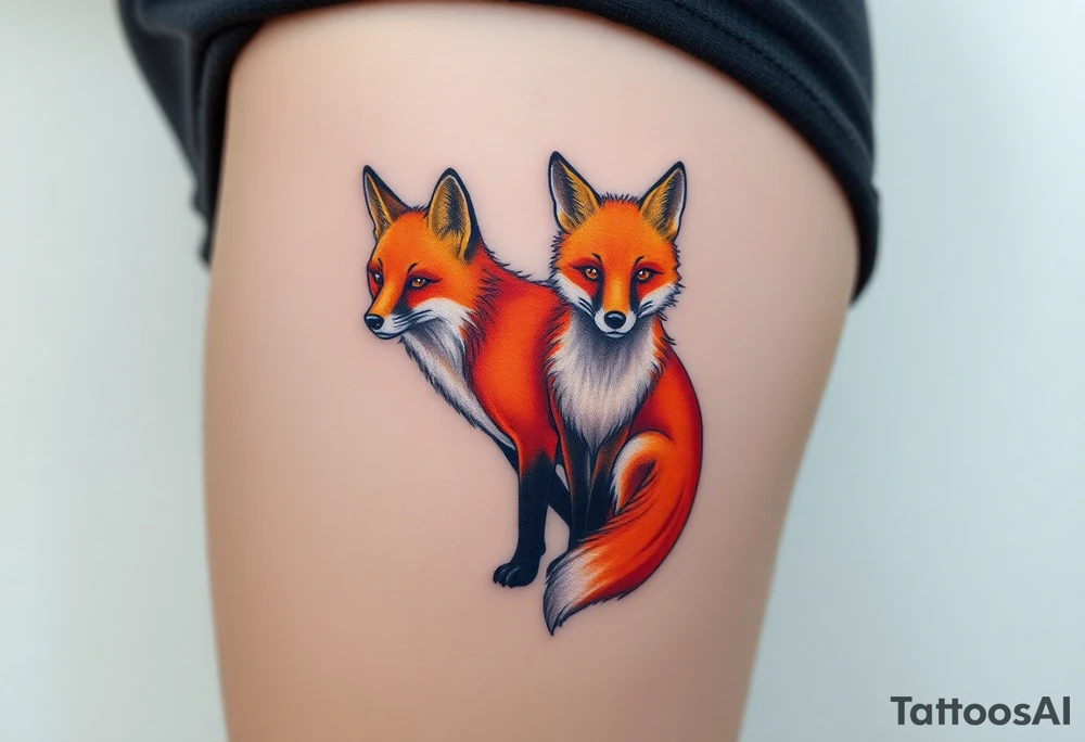 A gracefully detailed fox tattoo, with a rich, fiery orange coat transitioning into deep copper and golden highlights, symbolizing wisdom, passion, and loyalty. The fox’s chest and tail tip are a soft, snowy white, blending seamlessly into the fur’s natural texture. Its piercing amber eyes radiate intelligence and playfulness. tattoo idea