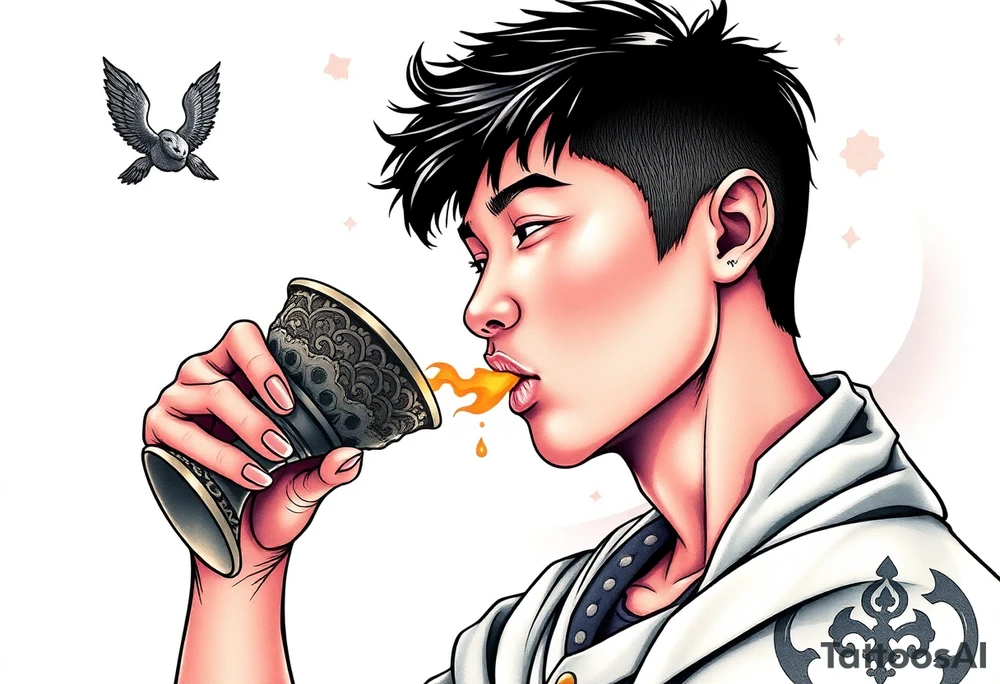 Handsome Asian young guy is drinking from medieval feast cup tattoo idea