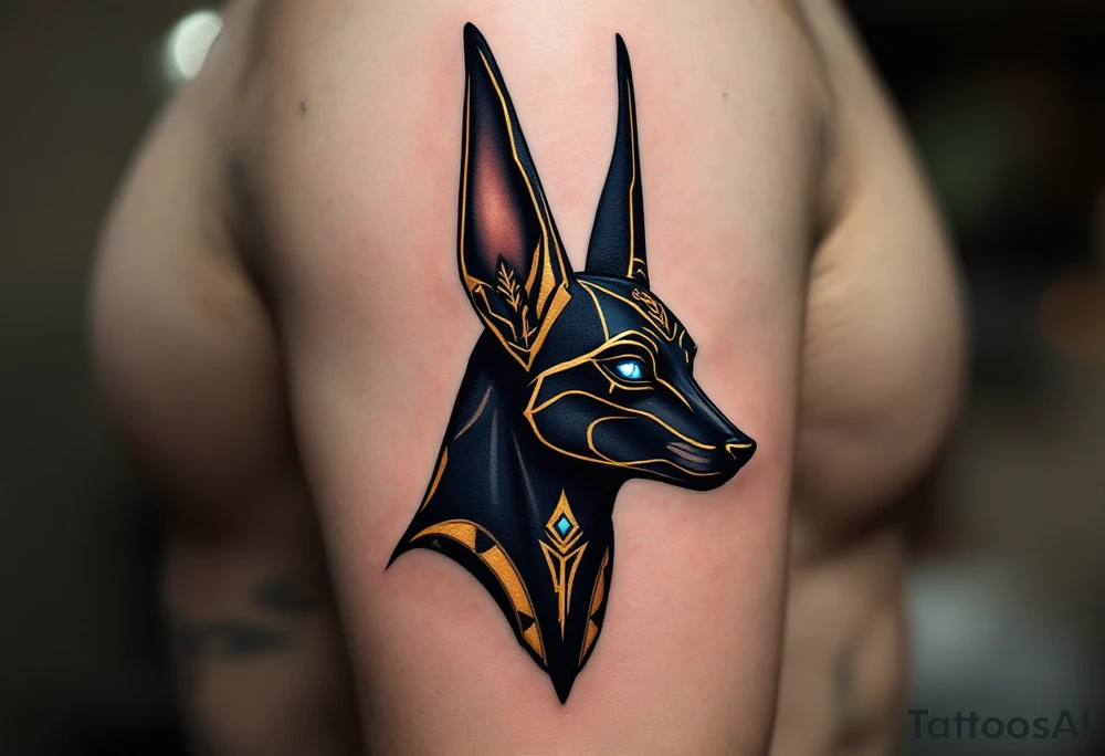 A sleek, minimalist Anubis head in profile, with sharp, angular lines and deep black shading, accentuated by golden Egyptian markings and glowing blue eyes. The ears are tall and pointed, symbolizing divine authority, while subtle hieroglyphic patterns in gold and deep navy frame the design, adding an air of mystery and reverence. tattoo idea