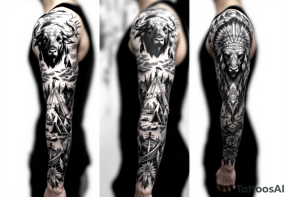 Realistic Native American themed sleeve with buffalo bows and Arrows teepees and war tattoo idea