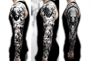 Realistic Native American themed sleeve with buffalo bows and Arrows teepees and war tattoo idea