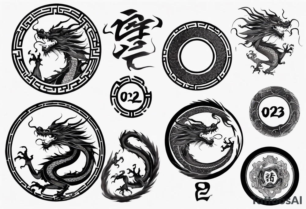 Chinese dragon in a circular shape with "02.03" written on its skin tattoo idea