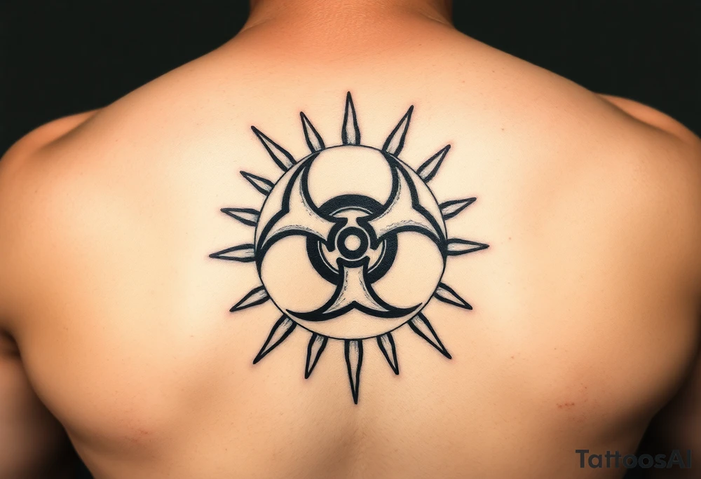 biohazard symbol inside a sun with bold lines, in an old-school black ink style. tattoo idea