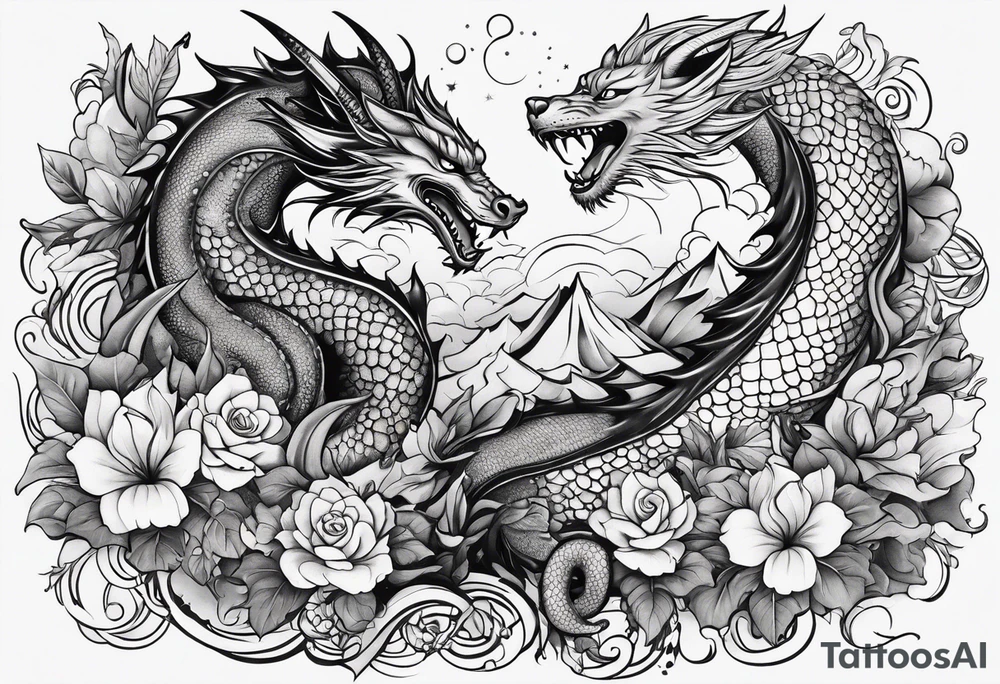 long horizontal tattoo with dragon and a cat tattoo idea