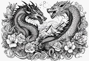long horizontal tattoo with dragon and a cat tattoo idea