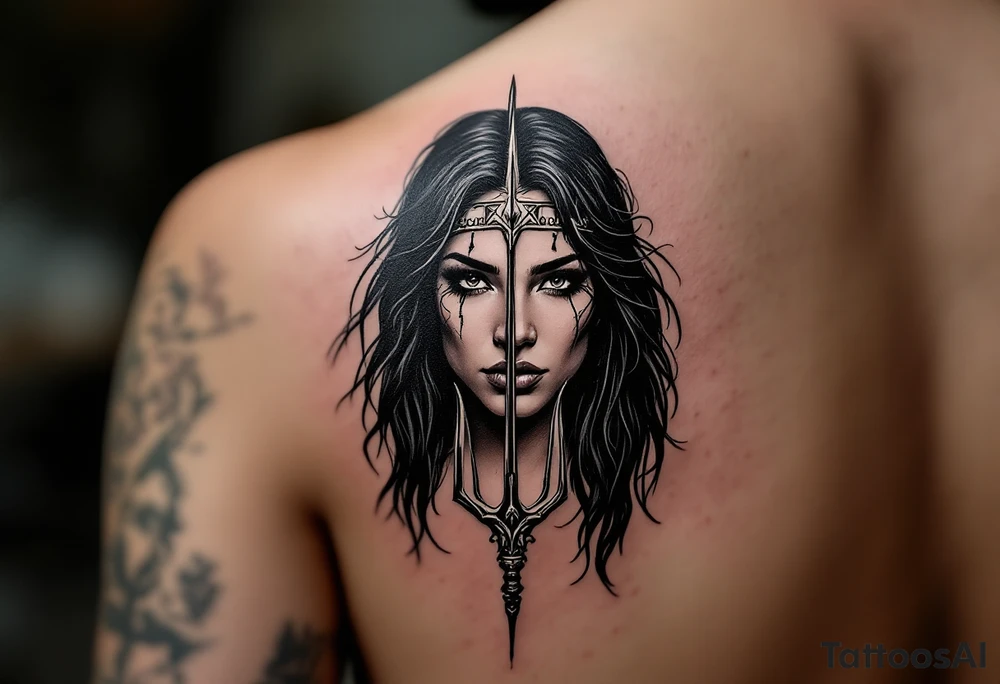 american indian woman face with black hair behind trident tattoo idea