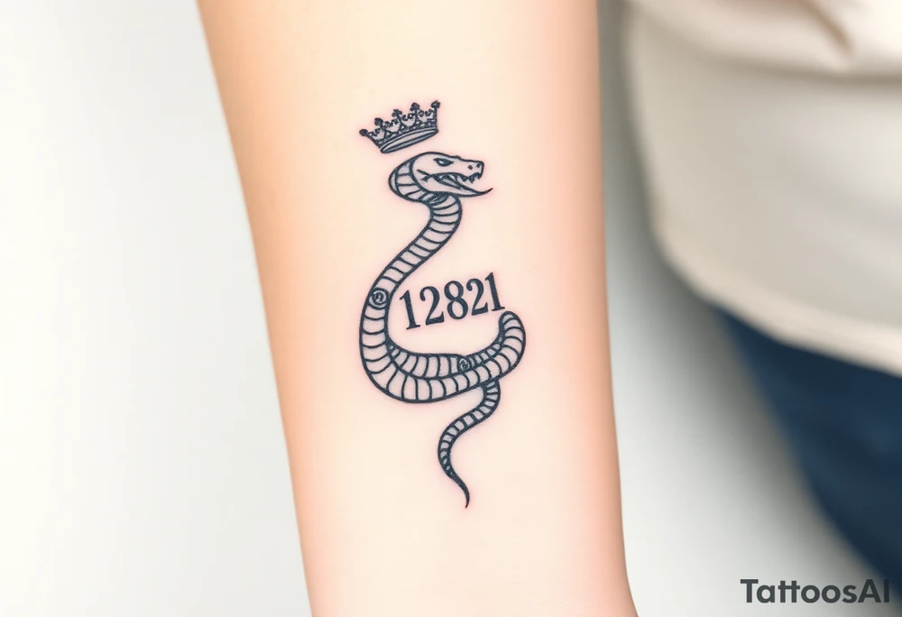 I want a small simple silhouette lines black and white wrist majestic royal snake tattoo that has number 12821 on its body along and also I want it to represent feminine energy crown queen Cycle tattoo idea