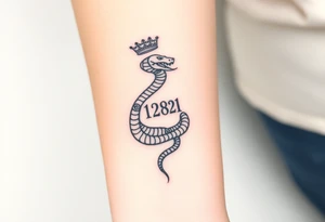 I want a small simple silhouette lines black and white wrist majestic royal snake tattoo that has number 12821 on its body along and also I want it to represent feminine energy crown queen Cycle tattoo idea