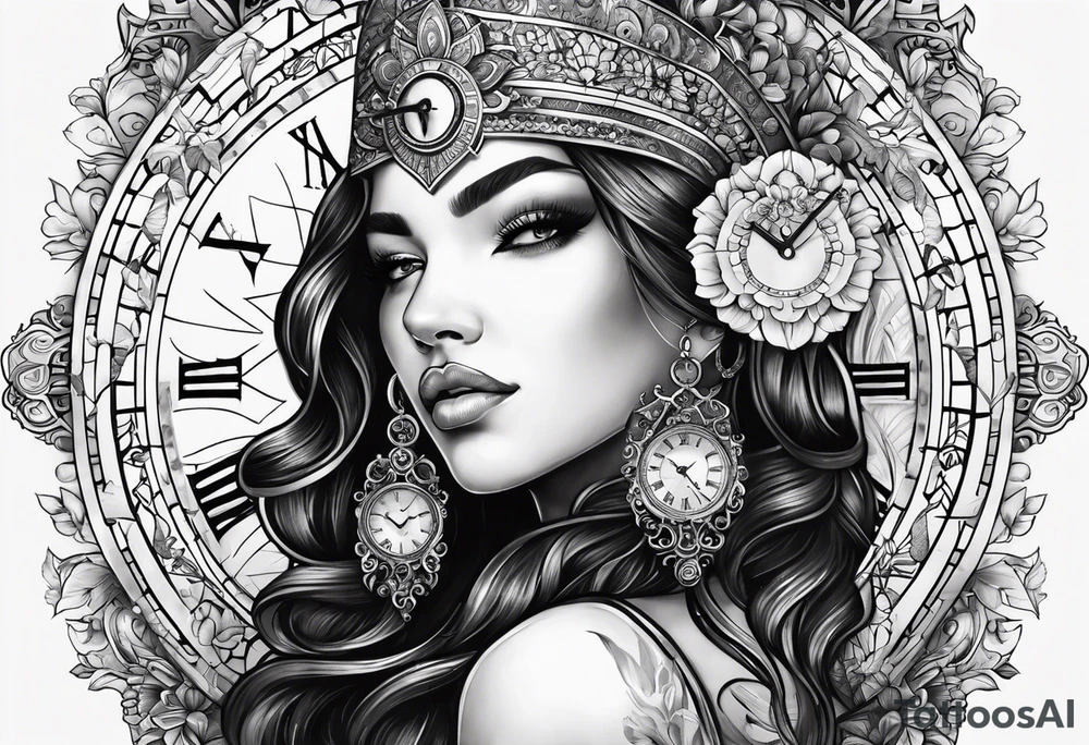 Hispanic/ Latin  goddess, love, forgiveness, strength, peace, cancer zodiac time, past, future, clock tattoo idea