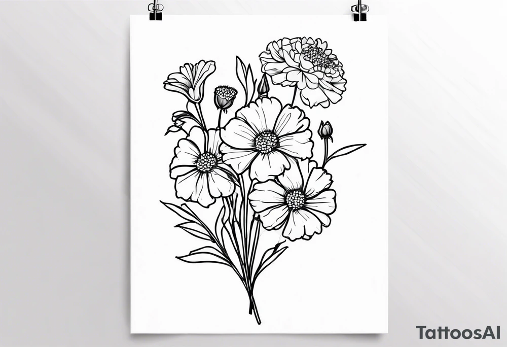 bouquet of forget me not flowers, carnation flowers, and aster flowers with a stem tattoo idea