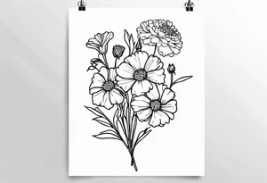 bouquet of forget me not flowers, carnation flowers, and aster flowers with a stem tattoo idea