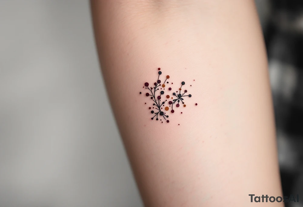 Cluster of tiny burgundy and ochre dots on the inner forearm – Organic, pollen-like design inspired by wildflowers. tattoo idea