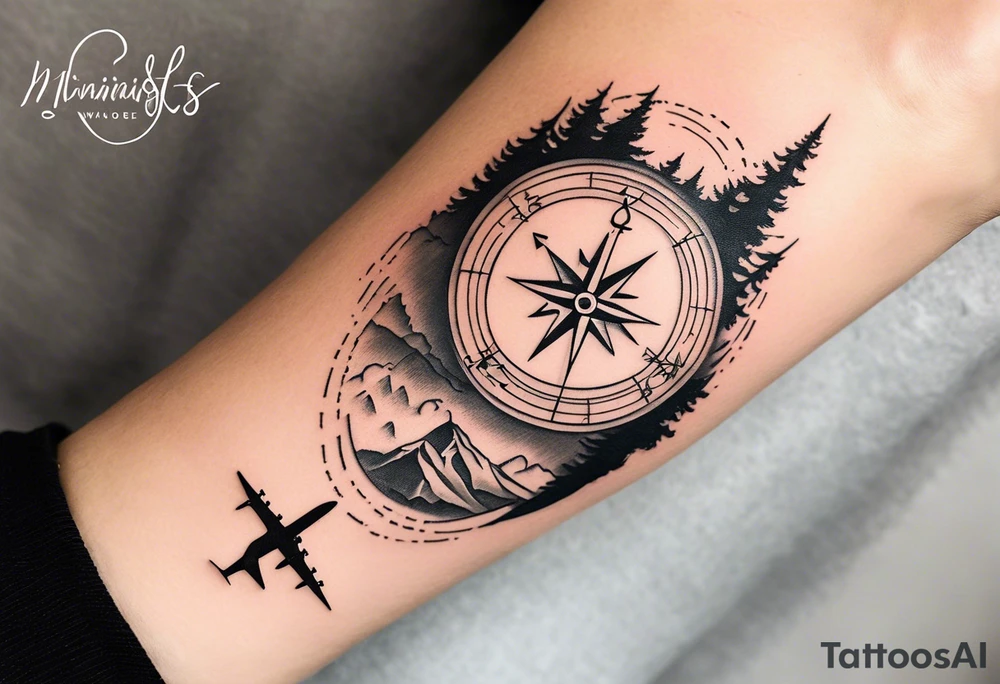 A half sleeve tattoo that features the quote **"Not all who wander are lost"** in elegant script on the outer forearm. Surrounding it are a compass rose and flowing elements like mountains, waves, and trees, symbolizing adventure and nature. Small travel icons like a plane and backpack are interspersed, enhancing the theme of exploration. The design uses a dynamic look that wraps naturally around your forearm. tattoo idea
