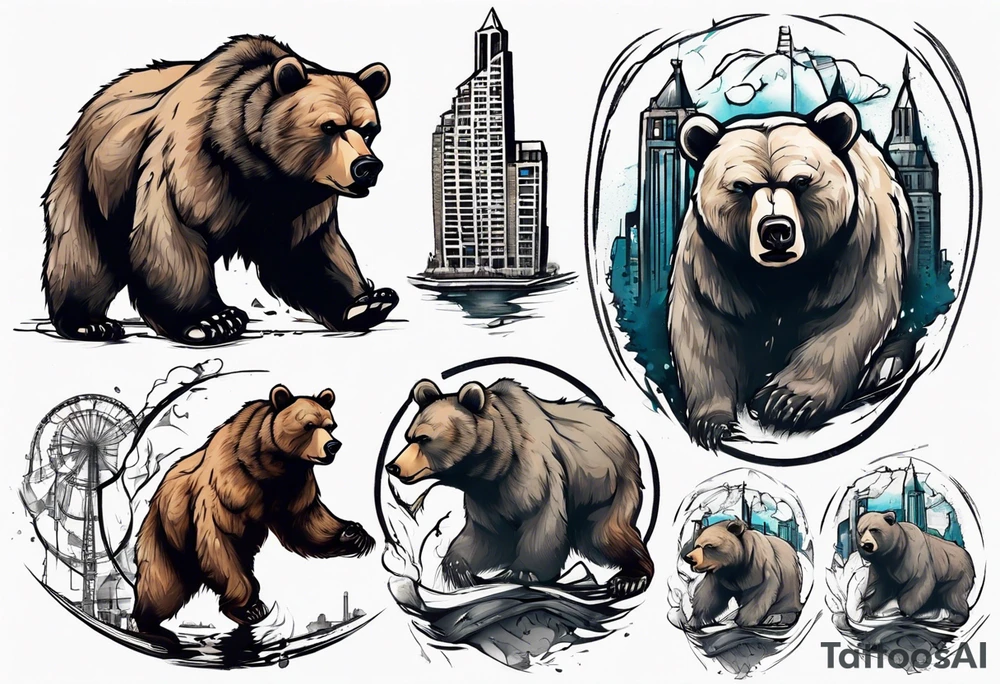 Serious bear coming up behind a city tattoo idea