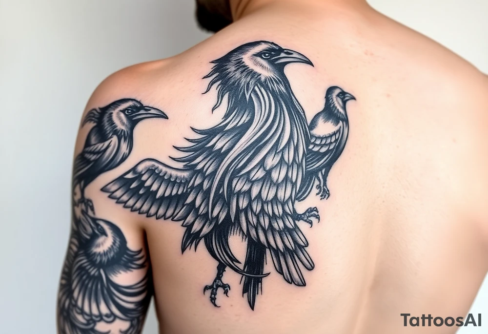 Left sleeve tattoo.

Morrigan Celtic  goddess of death is the primary focus of the tattoo

Crone imagery. 

Powerful dark magic

Multiple crows. 

. Realistic, black and white

Stronger focus on Celtic symbolism

Protector of natural world

Complex level of detail tattoo idea