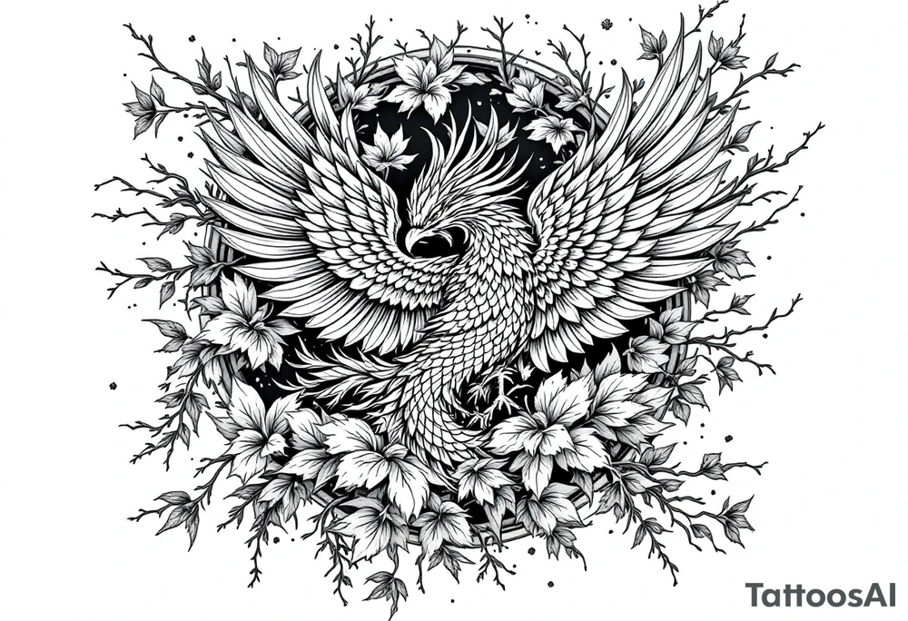 powerful japanese phenix surrounded by maple leaf and cherry blossom tattoo idea