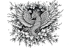 powerful japanese phenix surrounded by maple leaf and cherry blossom tattoo idea