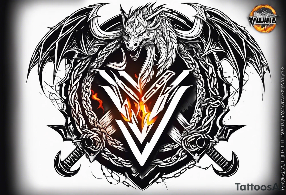 Valhalla sword shield dragon axe Valknut barbed wire chains fire tattoo idea Valhalla sword shield dragon axe Valknut barbed wire chains fire tattoo idea