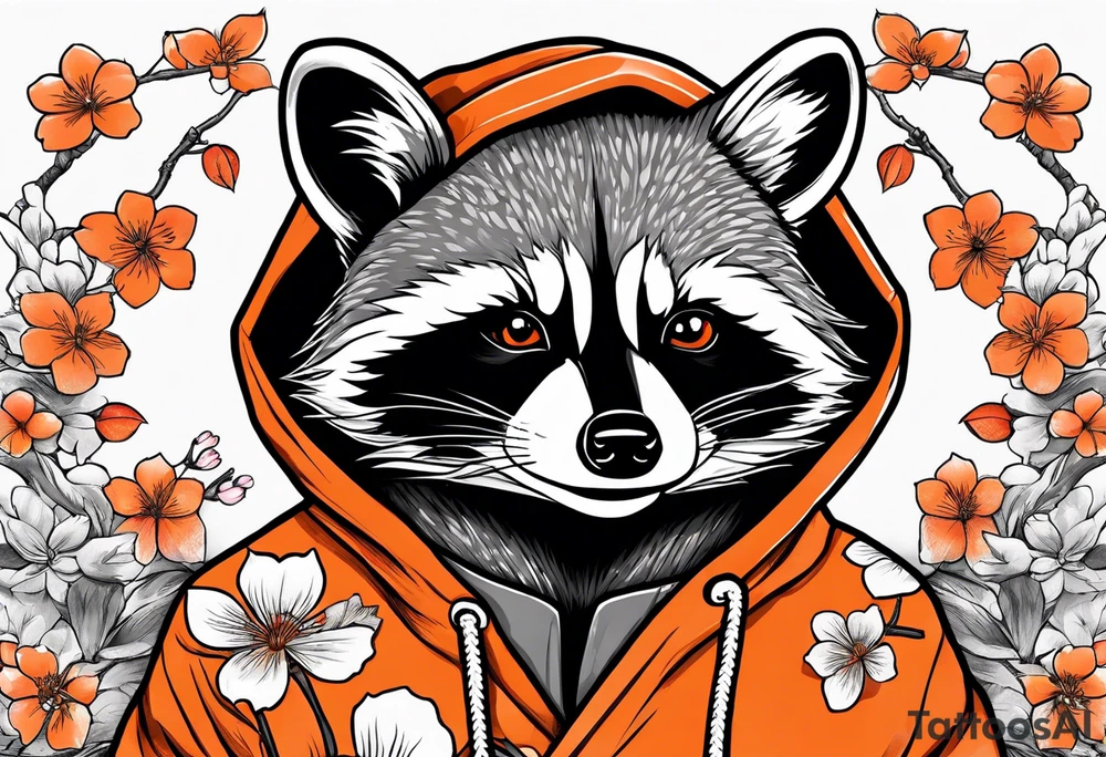 raccoon wearing a black and white Superman hoodie and orange Japanese cherry blossoms tattoo idea