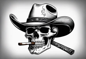 Skull wearing a cowboy hat smoking a cigar tattoo idea