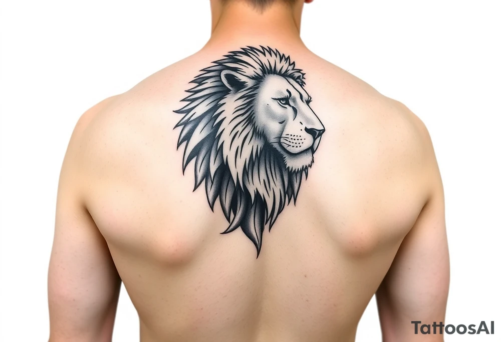 Show on a man's arm. Create a men's half-sleeve tattoo featuring a mighty, majestic lion at the top of the shoulder. tattoo idea