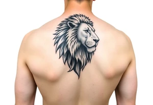 Show on a man's arm. Create a men's half-sleeve tattoo featuring a mighty, majestic lion at the top of the shoulder. tattoo idea
