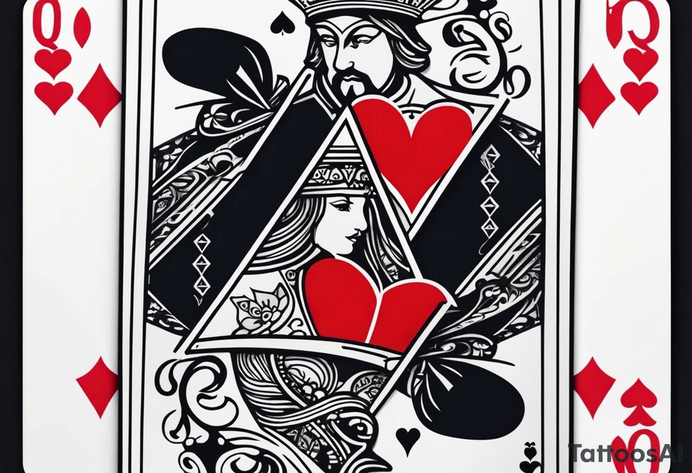 one playing card with both queen of hearts and king of spades incorporated in extreme minimalistic  style tattoo idea