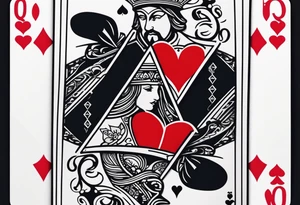 one playing card with both queen of hearts and king of spades incorporated in extreme minimalistic  style tattoo idea