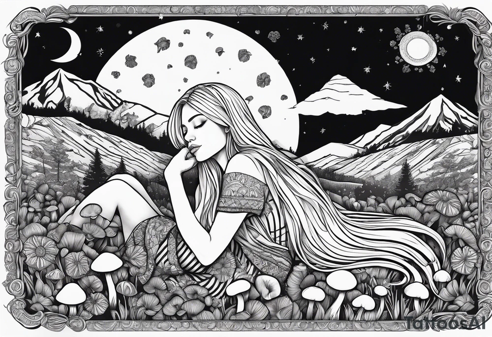 Straight blonde hair girl in black and white striped dress sleeping in a field of mushrooms with mountains s
and crescent moon mandala background tattoo idea