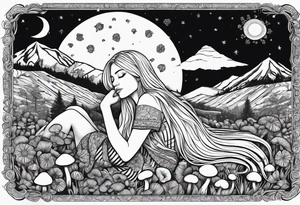 Straight blonde hair girl in black and white striped dress sleeping in a field of mushrooms with mountains s
and crescent moon mandala background tattoo idea