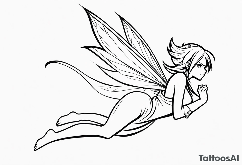 No color fairy with a tail inspired by the logo of the anime show called Fairy Tail in a fetal position leaning in and forward in the air flying tattoo idea