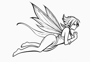 No color fairy with a tail inspired by the logo of the anime show called Fairy Tail in a fetal position leaning in and forward in the air flying tattoo idea
