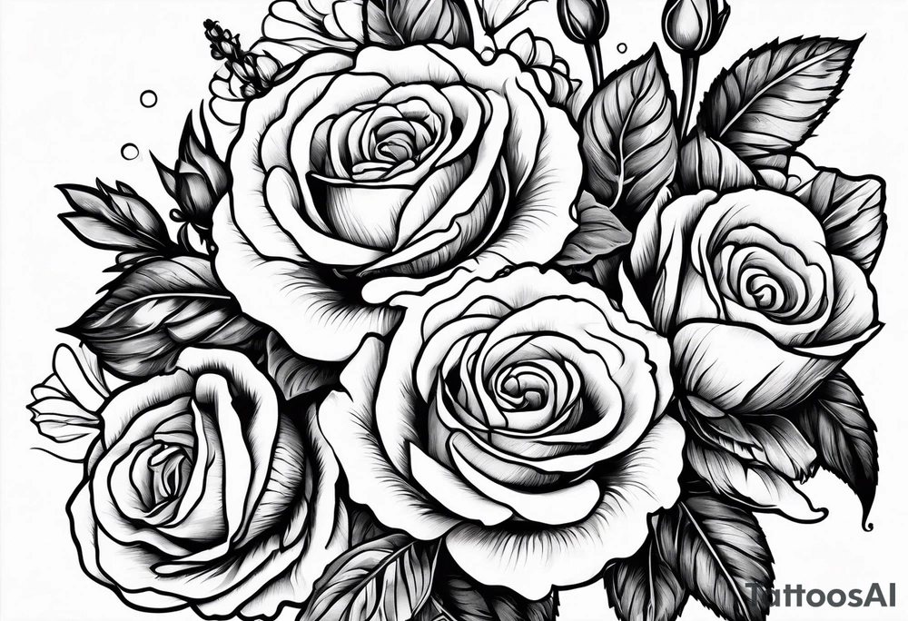 bouquet of roses, larkspur, carnation, and daisy tattoo idea