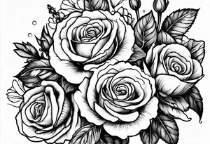bouquet of roses, larkspur, carnation, and daisy tattoo idea