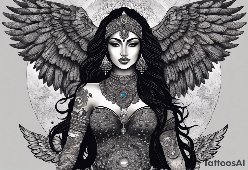 black kali, goddess pirate, alien, angel, pachamama, valkrye, warrior, flying, skull, lotus azul, wing, eagle, zenza resonance, stars, 5D, anahata chakra, death, durga, riding on a tiger, flying lady, kundalini, chest tatoo, samuri, rebel,serpent tattoo idea