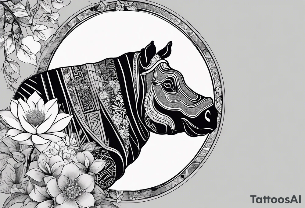 Very asymmetrical, +geometric pattern, with realistic full moon, with seeious looking hippo, +zen feel, + Buddhism touch, +tribal, +geometric
with wintersweet flower bud, +portrait orientation, +inkart touch, tattoo idea