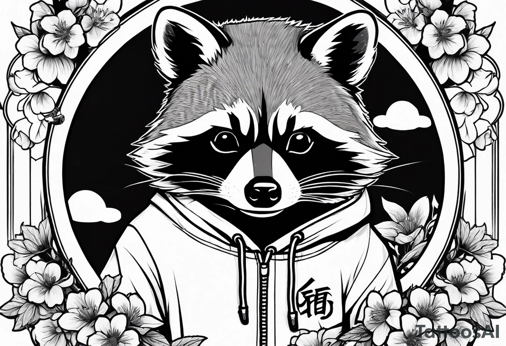 Raccoon wearing a Superman hoodie and Japanese cherry blossoms tattoo idea