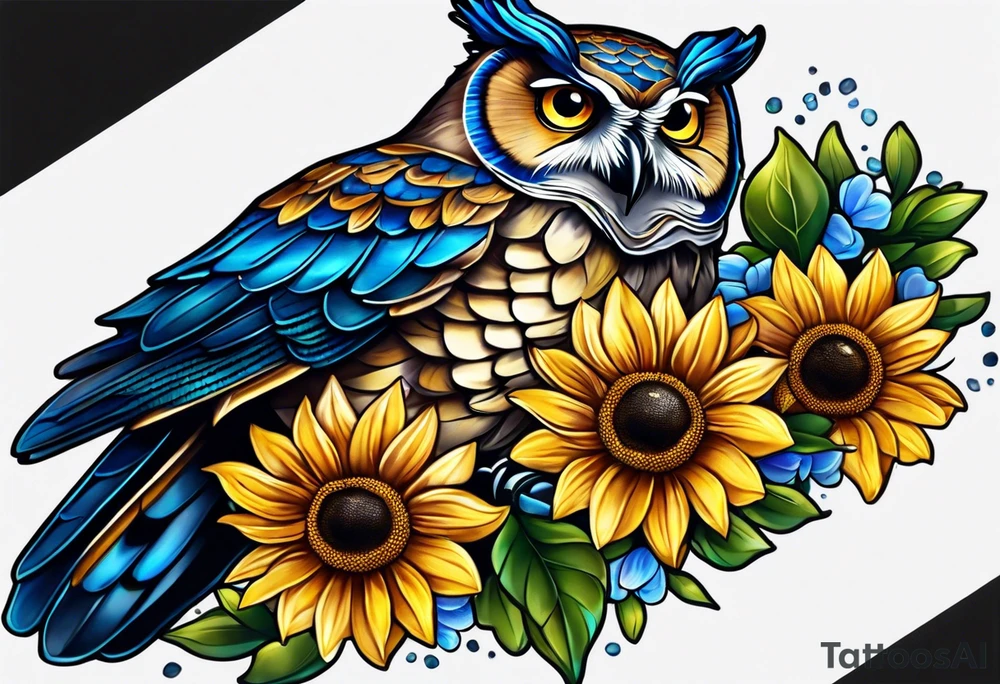 A lower forearm sleeve full colour owl with honeycomb background with blue Jay's, chickadees, sunflowers, honeysuckle, sweet peas tattoo idea