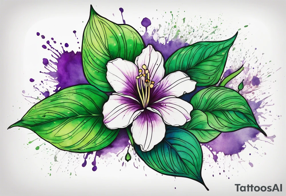 An outline of an only green rio dipladenia flower and a green and purple watercolor splash in the background tattoo idea