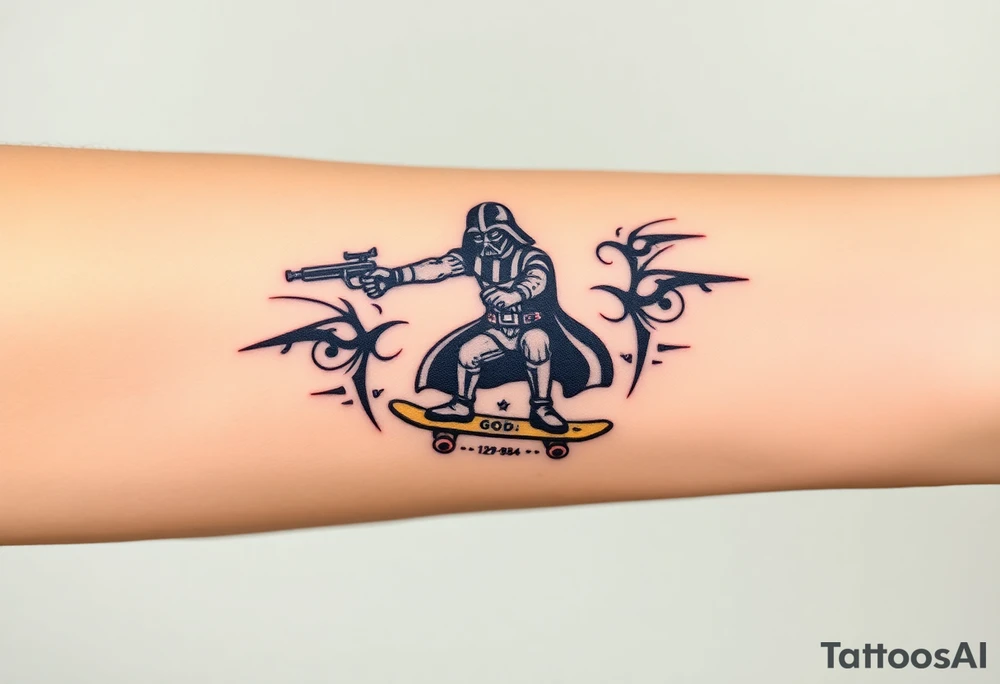 Darth Vader skateboarding with gun> bullets > memorial > god > colors > futuristic 
add name "Darth Carter" on skateboard
add date in loving memory 12/29/88-01/06/24 tattoo idea