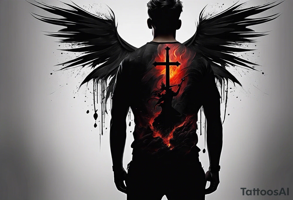Certainly! Here’s a description for your back tattoo:

---

**Tattoo Description:**

Design: Black work, paint strokes.
Location: Back.
Concept: Dante's Inferno, representing the layers of hell.

**Design Details:**

1. **Vertical Lines:**
   - Two bold, vertical lines run parallel up the spine, symbolizing the journey through the depths of Dante's Inferno.

2. **Horizontal Lines:**
   - Nine horizontal lines intersect the vertical lines, each representing one of the nine circles of hell.
   - The lines descend down the back, each becoming progressively shorter and narrower to signify the decreasing levels of hell's circles.
   - The paint stroke style gives the lines a dynamic, brush-painted appearance, enhancing the dramatic and artistic effect.

3. **Overall Style:**
   - The black work technique ensures a striking contrast, with deep black ink emphasizing the severity and depth of the concept.
   - The paint stroke style adds an element of fluidity and movement, symbolizing the chaotic and tortured nature of hell as depicted in Dante’s Inferno.

---

This description provides a clear and detailed vision for your tattoo artist to work from, capturing the essence and symbolism of Dante’s Inferno in a powerful and visually striking way. tattoo idea